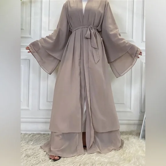 knee length dresses for ladies Big Hem Abaya With Double Layered Chiffon Design main image 1